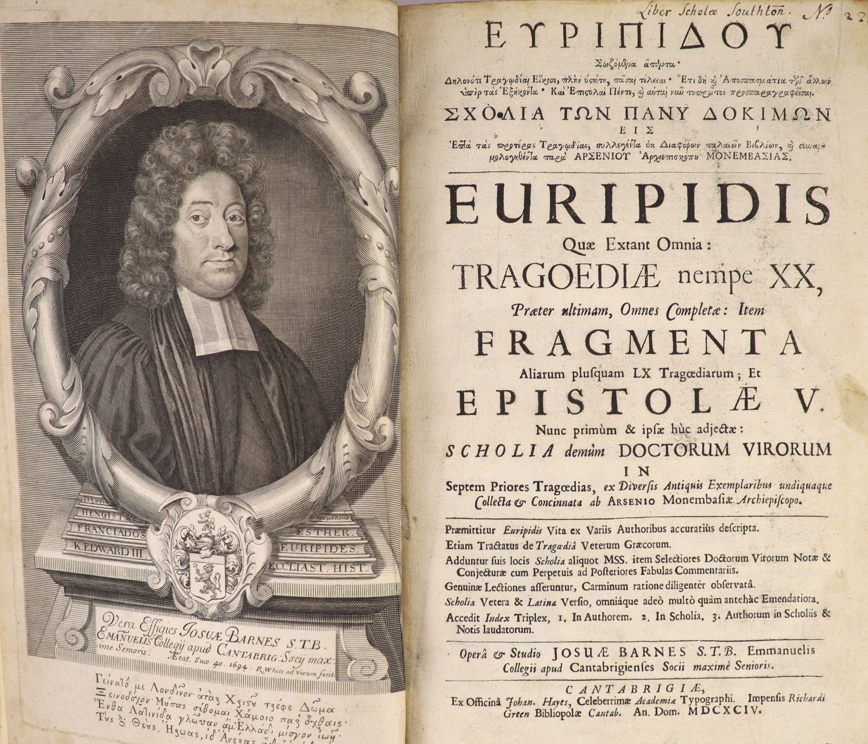 Euripides (Gk. title) Euripidis quae extant omnia: Tragodeia nempe XX ... Fragmenta ... et Epistolae V ... opera and studio Josuae Barnes. 2 parts together. engraved portrait frontis and another plate, decorated initial
